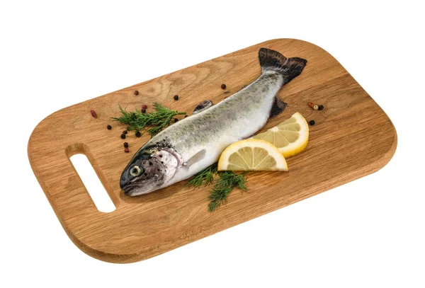 Forellenfische auf Holzbrett isoliert ohne Schatten — Stockfoto