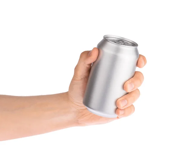 Main tient boisson en métal peut isolé sur blanc — Photo