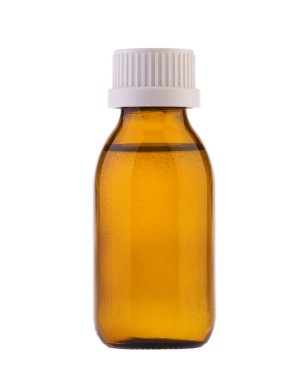 beyaz izole cam şişede sıvı ilaç