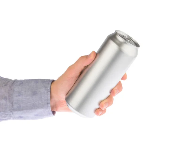 Рука Держит Металлический Напиток Изолирован Белой Клиппинговой Дорожке — стоковое фото