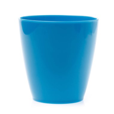 Empty blue plastic glass isolated on white background
