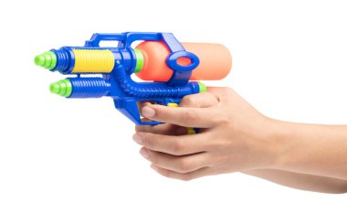Gun water toy on hand isolated on a white background