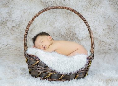 Yeni doğmuş bebek sepetin içinde huzur içinde uyuyor.