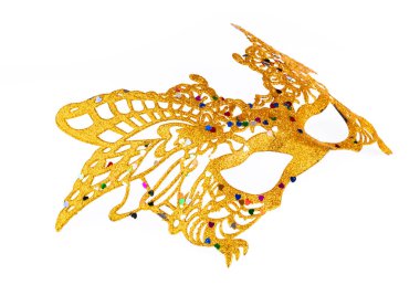gold carnival mask with glitter isolated on white background