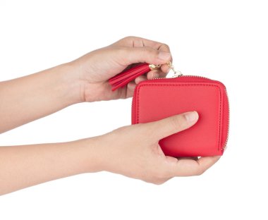 Hand holding Coin Purse classic red isolated on white background