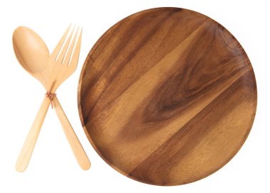Empty wooden plate with spoon and fork isolated on white backgro