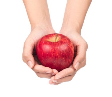 El ele tutuşan Kırmızı Elma Beyaz Arkaplanda İzole Edildi 