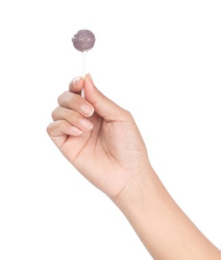 hand holding lollipop candy isolated on white background