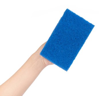 hand holding sponge with plastic handle isolated on white backgr