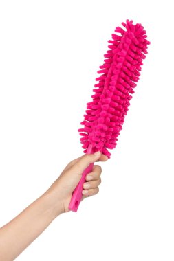 Hand holding Pink duster microfiber for cleaning the house isola
