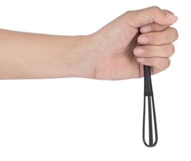 Hand holding small whisk egg beater isolated on a white backgrou