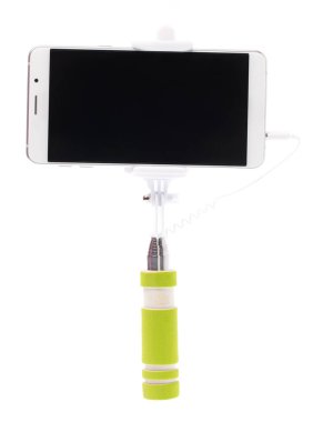 selfie stick with  mobile phone isolated on a white background
