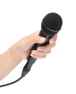 Hand holding a microphone interview conducting a business isolat