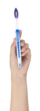 Beyaz arkaplanda el ele tutuşan diş fırçaları izole edilmiş.