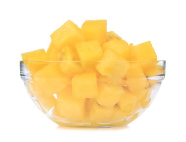 Fresh yellow watermelon bowl with cubes isolated on white backgr
