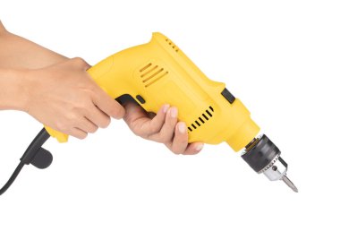 Hand holding Electric drill isolated on white background