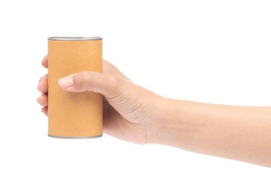 hand holding can box craft brown tube packaging isolated on whit