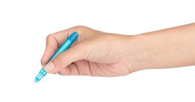 Hand holding Safety Pen uv light isolated on white background