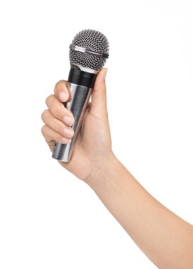 hand holding Wireless microphone isolated on white background
