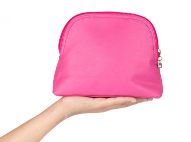 hand holding Makeup bag isolated on a white background