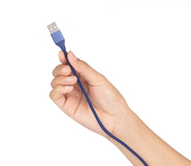 hand holding Blue USB cable for smartphone isolated on white bac