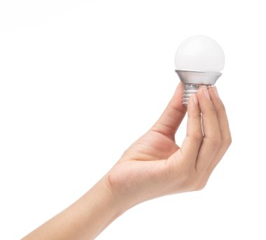 hand holding an incandescent bulb isolated on white background.