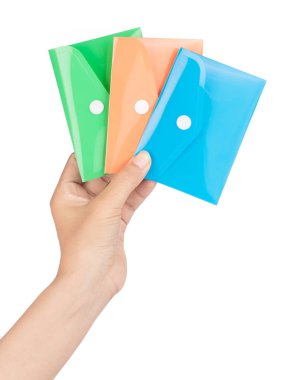 Hand holding three Folders Plastic Translucent isolated on white