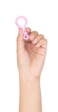 hand holding carabiner plastics isolated on white background