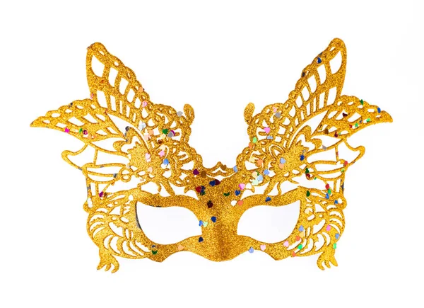 Goud carnaval masker met glitter geïsoleerd op witte achtergrond — Stockfoto