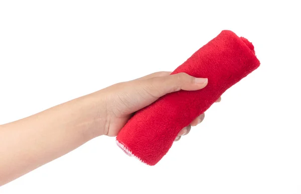 Hand holding Red wipes microfiber isolated on whitebackground — ストック写真