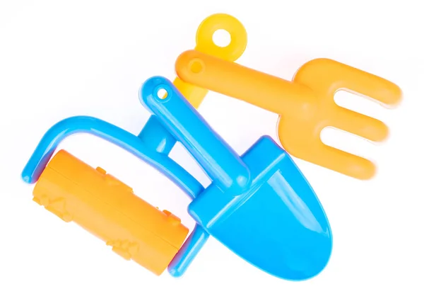 Kolekcja plastikowych narzędzi pędzel zabawki plaży izolowane na białym — Zdjęcie stockowe