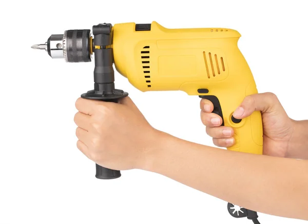 Hand holding Electric drill isolated on white background — Stok fotoğraf