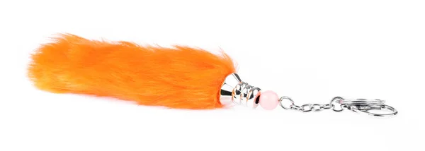 Narancs kulcstartók róka farok prém elszigetelt fehér háttér — Stock Fotó