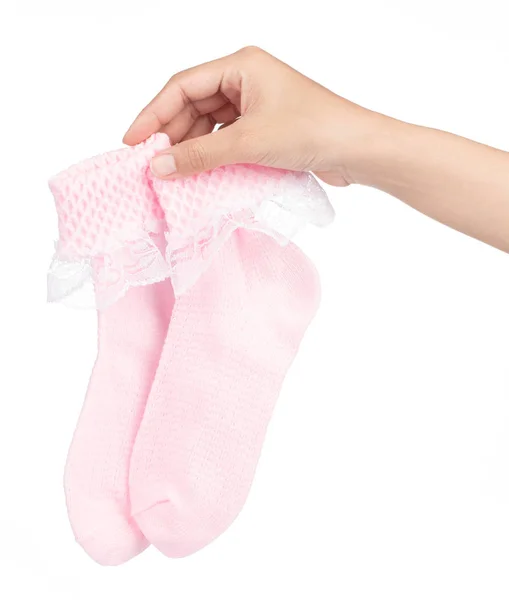 Hand holding Pink sock with lace isolated on white background. — Stock Photo, Image