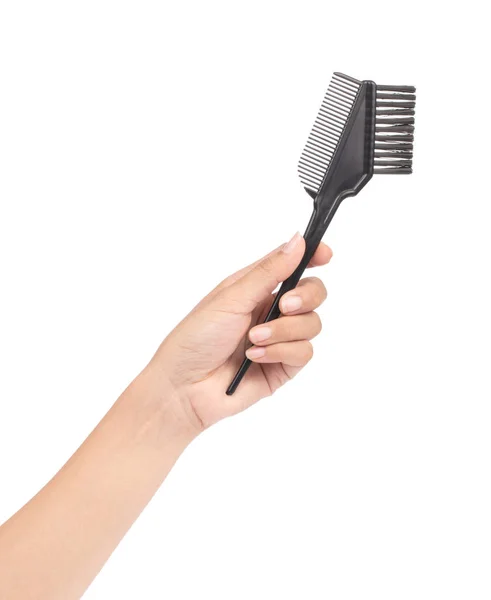 Hand holding Comb brush for hair dying isolated on white backgro — Stock Photo, Image