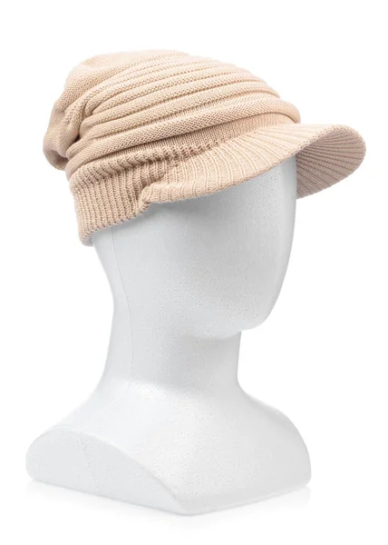 Brown knitted wool hat on model mannequin head isolated on white — Stockfoto