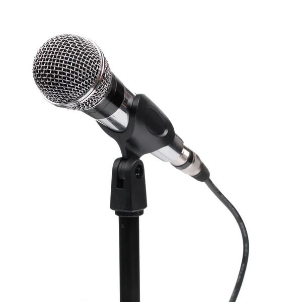 Microfone de cabeça de bola de prata e ficar isolado em um backgr branco — Fotografia de Stock