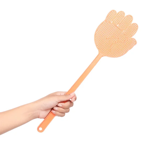 Hand holding Flyswatter isolated on white background — 스톡 사진