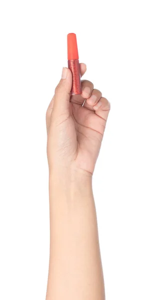 Рука тримає палицю з кольоровим глютером ізольовано на білому фоні — стокове фото