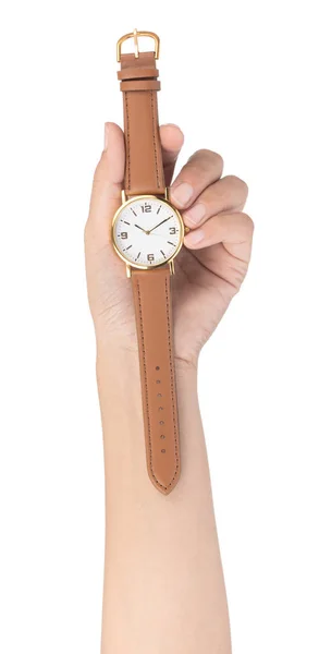 Hand holding wristwatch with leather strap isolated on white bac — Stockfoto