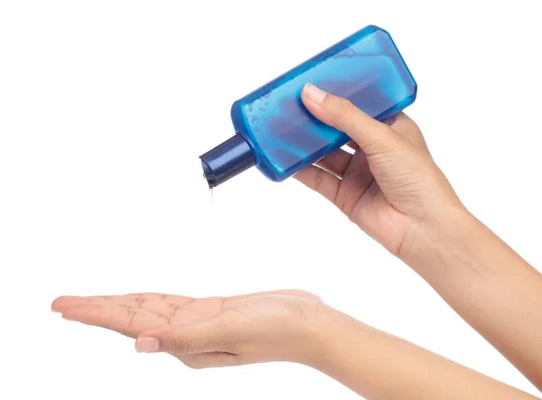 Kézben tartja egy üveg termék kozmetikai bőrápoló izolált — Stock Fotó