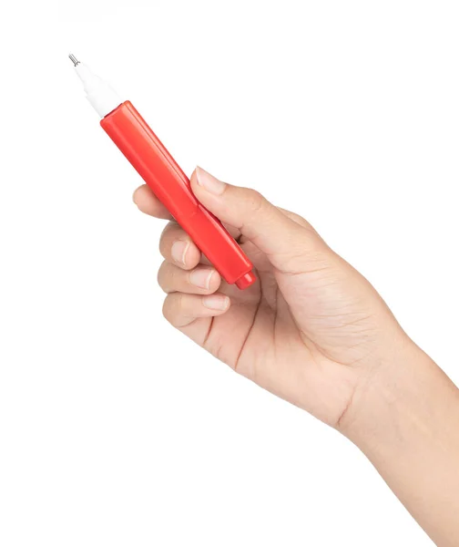 Mão segurando espremer caneta de correção isolado em um Backgrou branco — Fotografia de Stock
