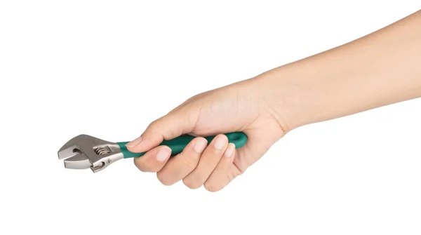 Trzymanie ręki Regulowany klucz lub regulowany klucz odizolowany na — Zdjęcie stockowe