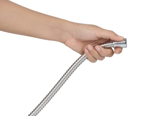 Hand holding Stainless Steel Overbraid isolated on white backgro — Stok fotoğraf