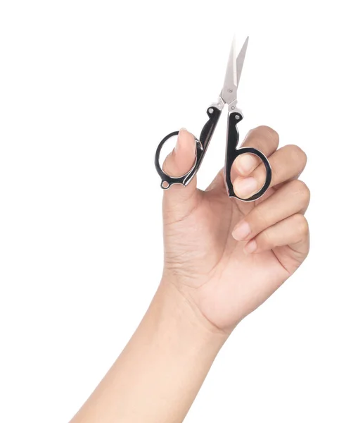 Hand holding Small steel scissors isolated on white background — Stock Photo, Image