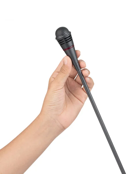 Hand holding desktop Microphone isolated on white background — Stock Photo, Image