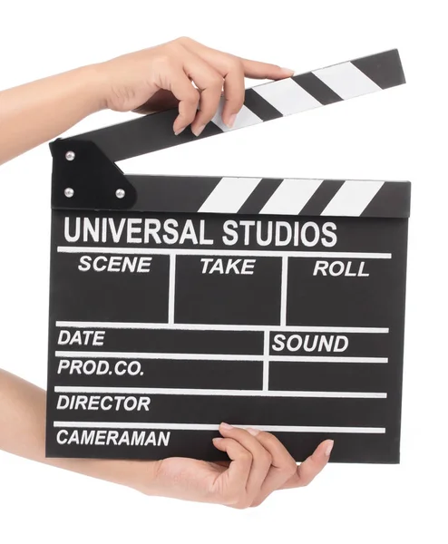 Cinema clapboard in hands isolated on a white background — Stock Photo, Image