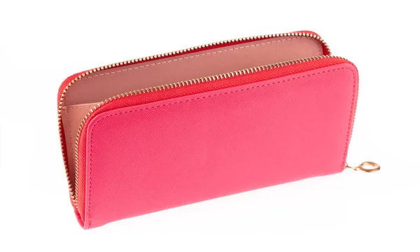 Růžová kůže velké zip peněženka dlouho izolované na bílém pozadí — Stock fotografie