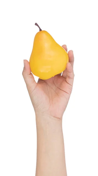 Hand holding Pear for decoration artificial fruit ornaments arti — 스톡 사진