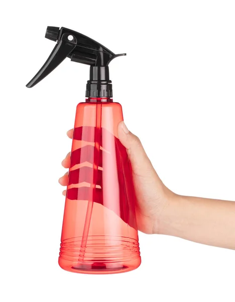 Ręczne trzymanie pustej plastikowej butelki z detergentem natryskowym izolowanej na wh — Zdjęcie stockowe